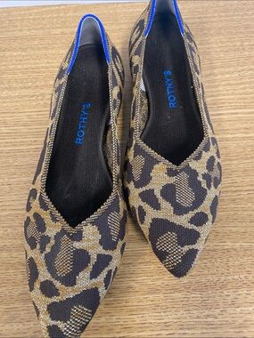 Rothy's Leopard-Print Pointed Ballet Flat in Brown and Black with Blue Trim